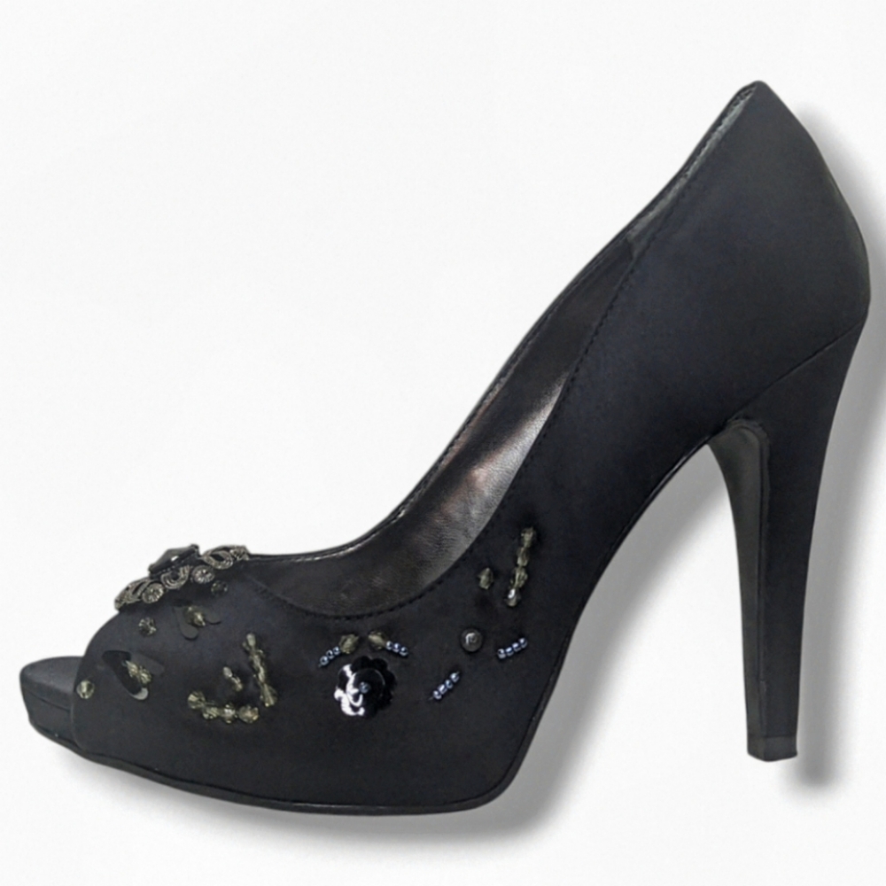 Nine West | Eyelight Black Satin Open-Toe Pumps Women's Size 7
